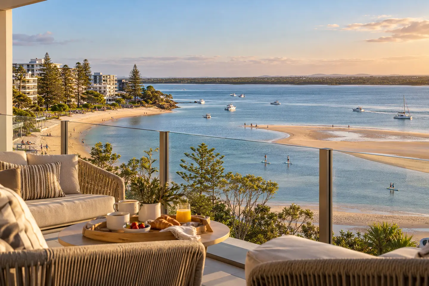 Holiday apartment balcony overlooking Bulcock Beach and Pumicestone Passage
