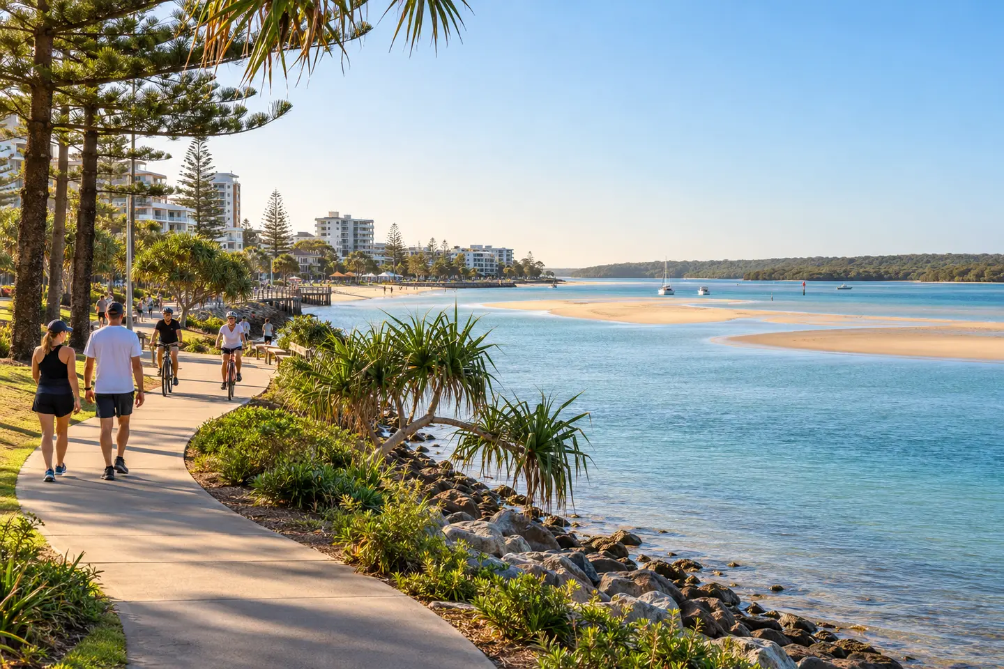 Walkers and cyclists beside Pumicestone Passage on the Caloundra Coastal Walk