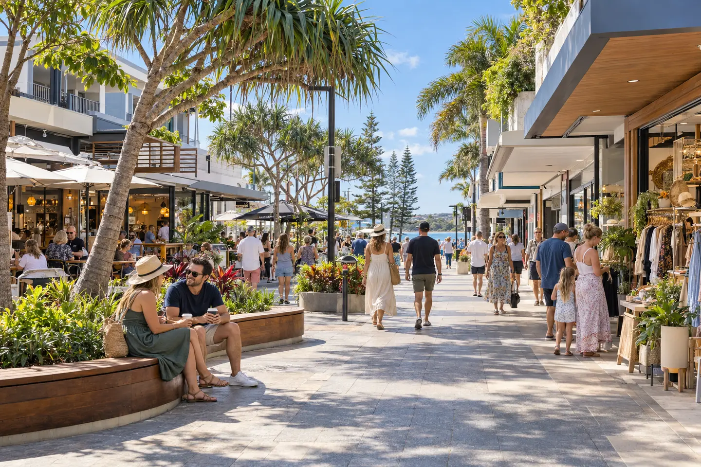 Visitors exploring Caloundra shops and cafés